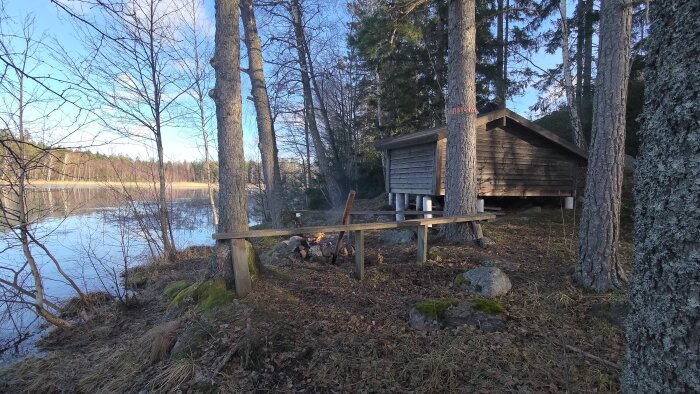 En timrad stuga vid en sjö omgiven av träd med en liten eldstad utomhus, i ett skogsmiljö.