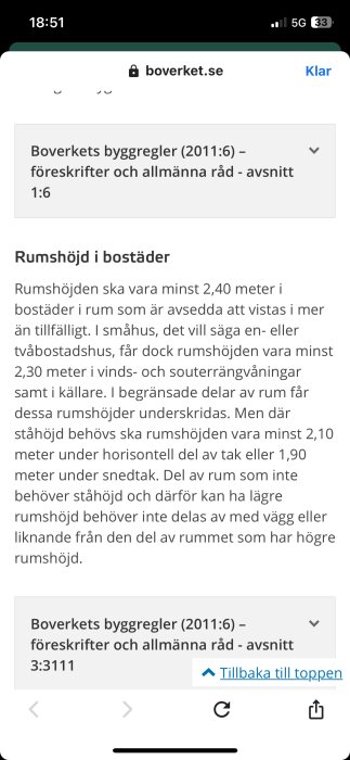 Skärmdump av en webbsida med text om rumshöjd enligt Boverkets byggregler, mobil, 5G-nätverk, batteri 33%.