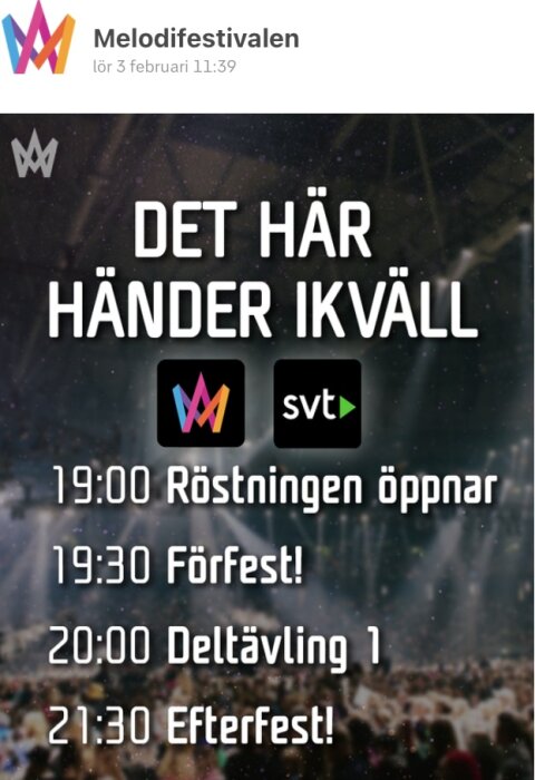 Melodifestivalen-evenemangsschema; röstning, förfest, deltävling och efterfest med tider och logotyper.