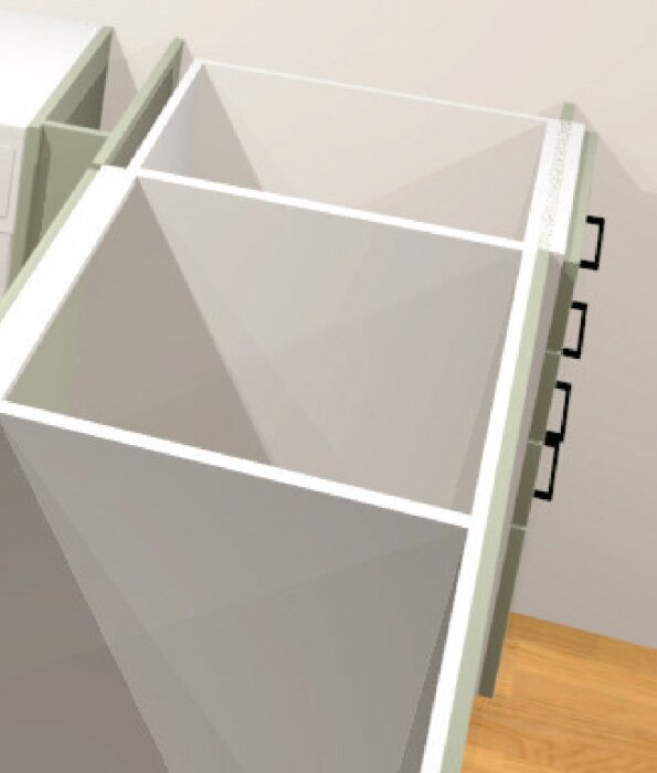 3D-rendering av ett modernt, vitt, hörnskåp med öppna lådor utan handtag, på ett trägolv.