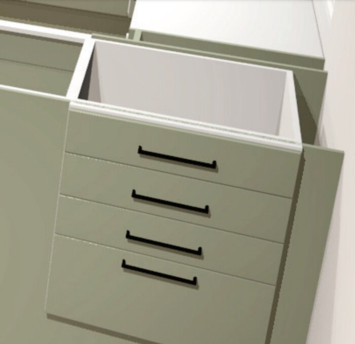 Öppna lådor på en grå byrå, minimalistisk design, moderna handtag, inredning.