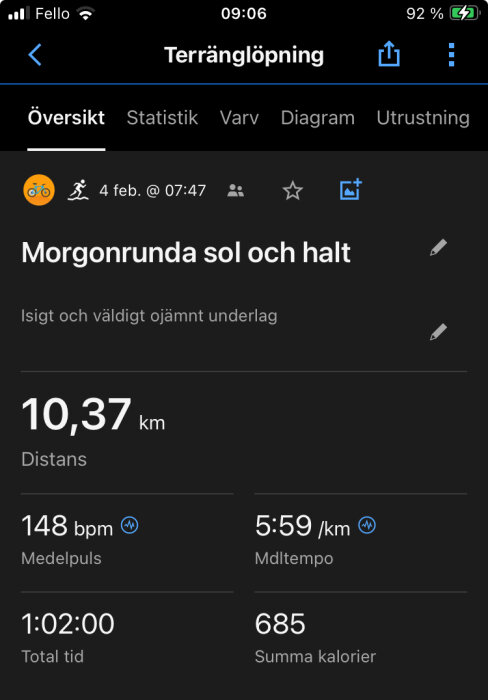 Skärmdump från mobil, löparapp, morgonjogg, 10,37 km, hal väderlek, tid 1:02:00, 685 kalorier brända.