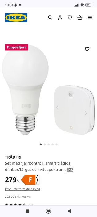 IKEA TRÅDFRI smart lampa och fjärrkontroll, dimbar, färg- och vit spektrum, energimärkning F.