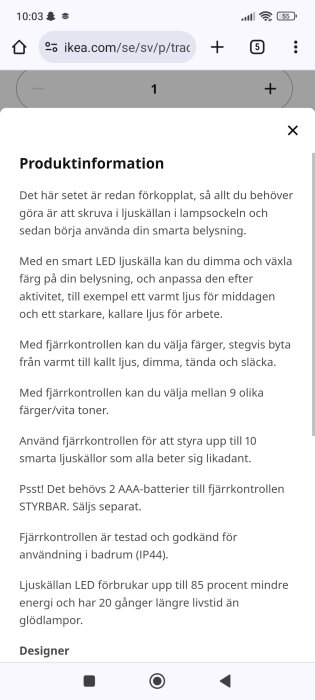 Skärmdump: IKEA webbsida på mobil, produktinformation om smart LED belysning och fjärrkontroll, energieffektivitet, design.