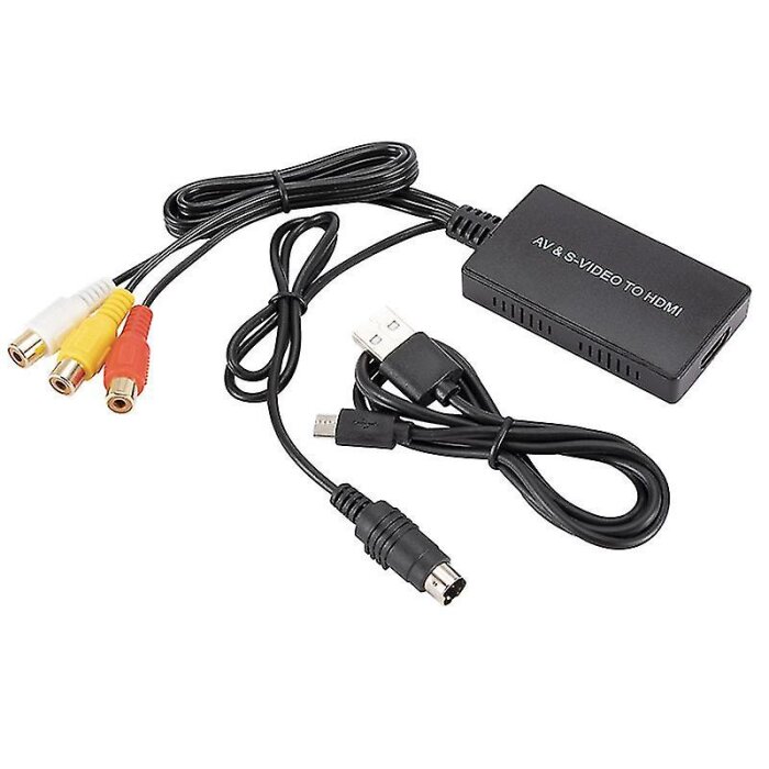 AV och S-Video till HDMI-omvandlare med kablar och strömförsörjningsadapter.