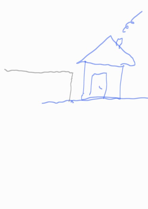 Enkelt husritning med blå penna: tak, dörr, linje för marken, och otydligt objekt ovanför.