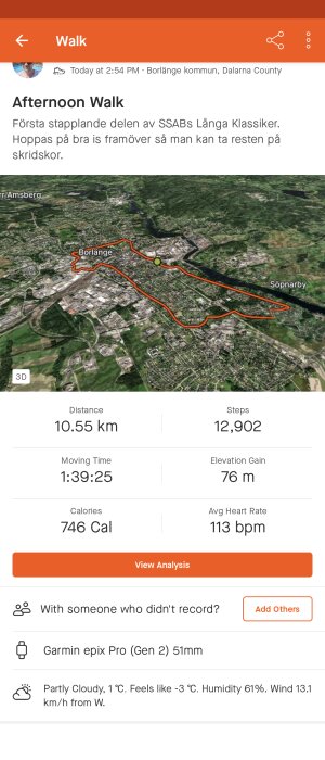 Promenad i Borlänge, 10.55 km, 12902 steg, 746 kalorier, karta, Garmin, molnigt väder.