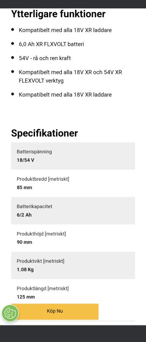 Svensk produktinformation för ett kompatibelt 18/54V batteri och dess specifikationer inklusive storlek och vikt.