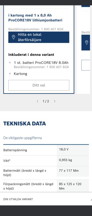 Svensk webbsida som visar information om ett 8,0Ah ProCORE18V lithiumjonbatteri, tekniska data och beställningsnummer.