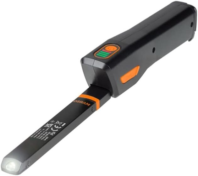 Svart laddbar LED-ficklampa med inbyggd utdragbar magnetarm.