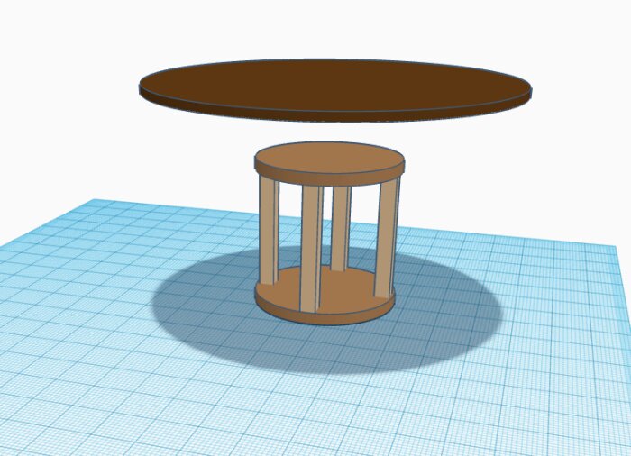 3D-modellerat runt bord och pall på rutnät, skuggning, blå bakgrund, CAD-design, enkelt, renderat objekt.