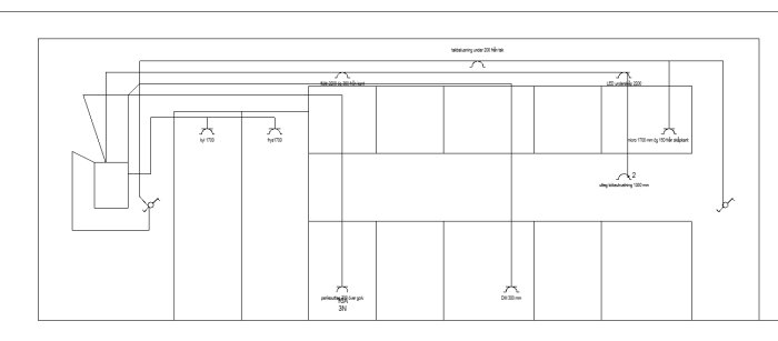 Arkitektonisk ritning eller plan över elektrisk kabeldragning, med mått och tekniska specifikationer.