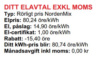 Elavtal med rörligt pris, detaljerad prisinformation, inklusive elpris, påslag, rabatt och slutligt kWh-pris, ingen månadsavgift.