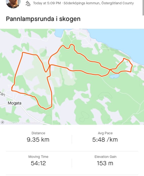 Karta med löprunda i skog, 9.35 km, tid 54:12, medeldistans 5:48 per km, höjdvinst.