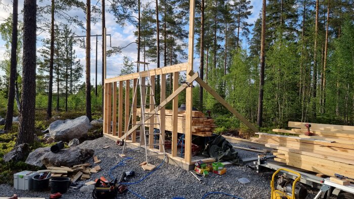 Träkonstruktion under uppbyggnad i skogsmiljö, verktyg och byggmaterial synliga, soligt väder, stadie av tidiga ramar.