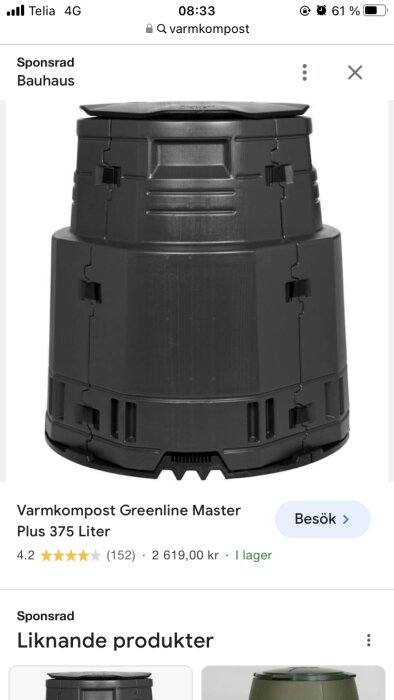 Svart, cylindrisk kompostbehållare; Greenline Master Plus, 375 liter, produktbetyg, säljs online.