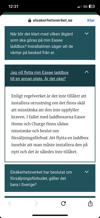 Skärmdump av mobil webbläsare visar FAQ på elsäkerhetsverket.se angående Easee laddboxar och försäljningsförbud.