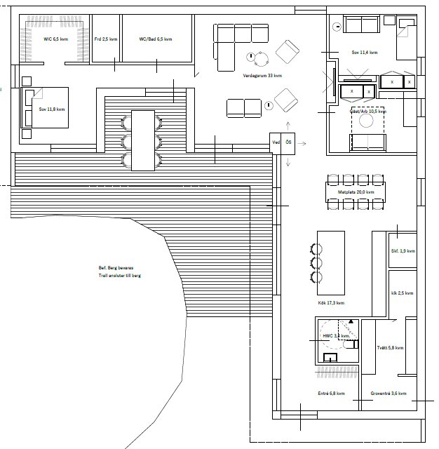 Arkitektonisk ritning av en flervånings byggnad: planlösning med dimensioner och möblering.