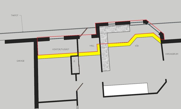 Enkel 3D ritning av husplan, visar rum, garage, takfot och väggar.