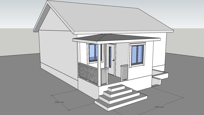 3D-modell av ett litet hus med måttangivelser, veranda, steg och två fönster.