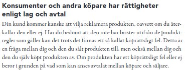 Svensk text om konsumenträttigheter, reklamation och avtal mellan köpare och säljare.