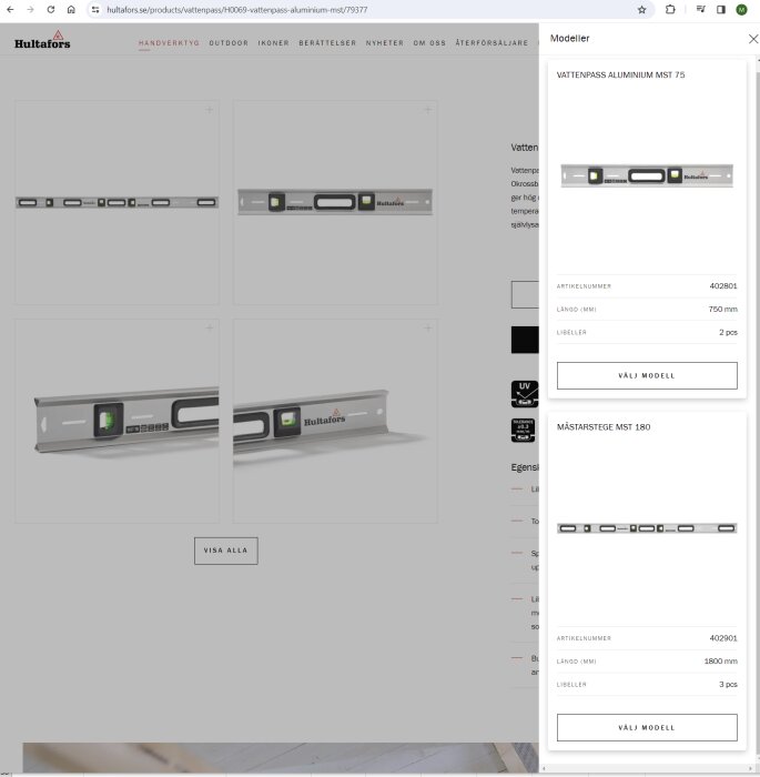 Vattenpass i olika storlekar på en webbplats, aluminium, produktinformation, mätverktyg.