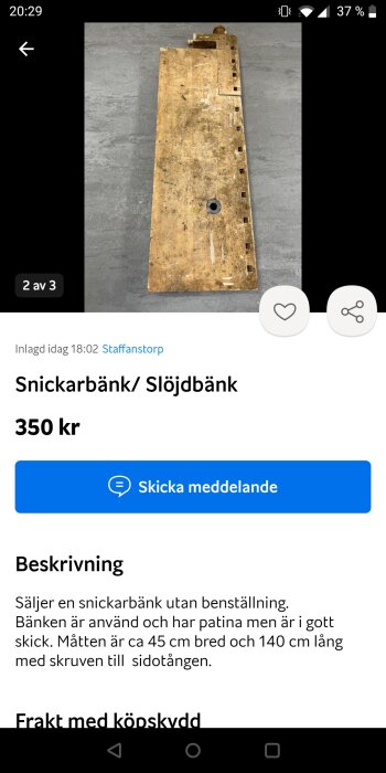 Använd träsnickarbänk till försäljning, patina, utan benställning, grått underlag, skruv detalj, Staffanstorp, mobilapp skärmbild.