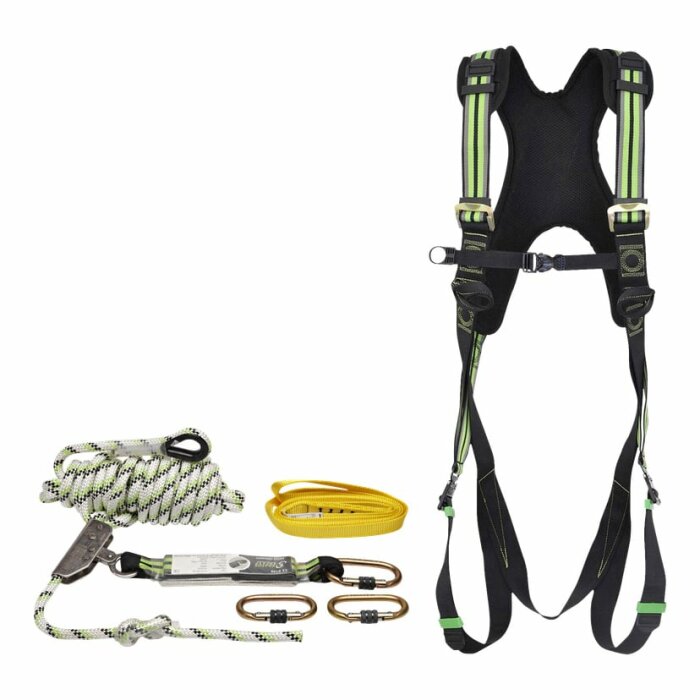 Klätterutrustning: Sele, rep, karbinhakar, säkerhetslina och fallskyddsutrustning på vit bakgrund.