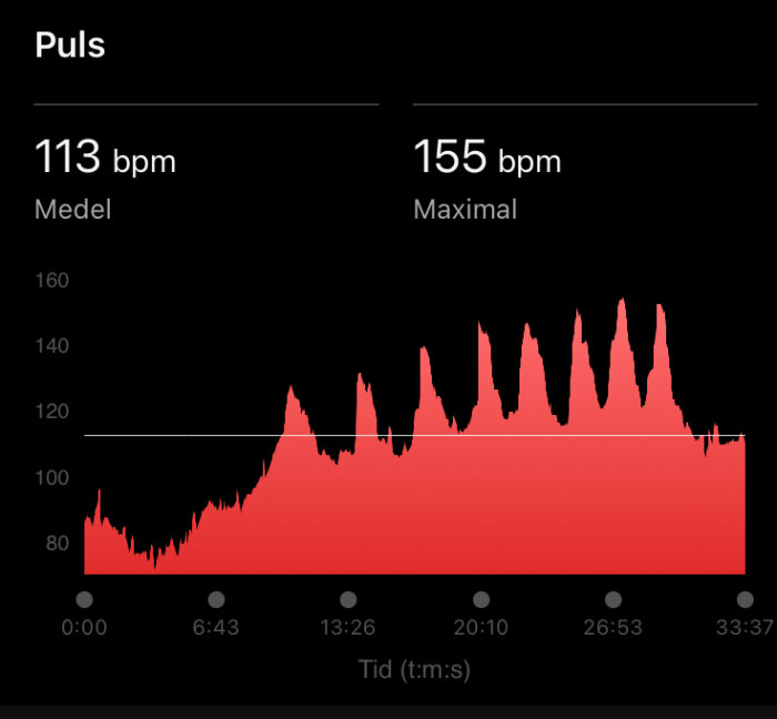 Pulsmätning över tid, genomsnitt och maximal puls, röd graf mot svart bakgrund, tidsangivelser.