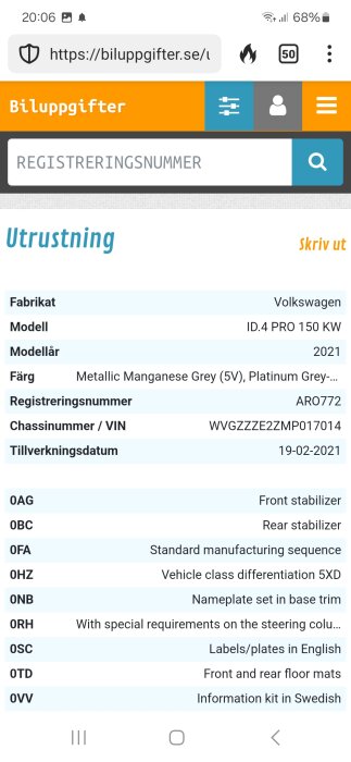 Skärmklipp av bilregisterinformation för en Volkswagen ID.4 PRO, inkluderar färg, VIN, och tillverkningsdatum.