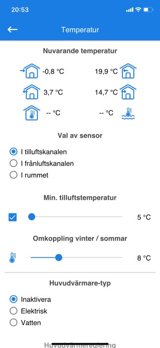 Skärmdump av en app för temperaturkontroll, inställningar för sensorer, och uppvärmningssystem i ett hem.