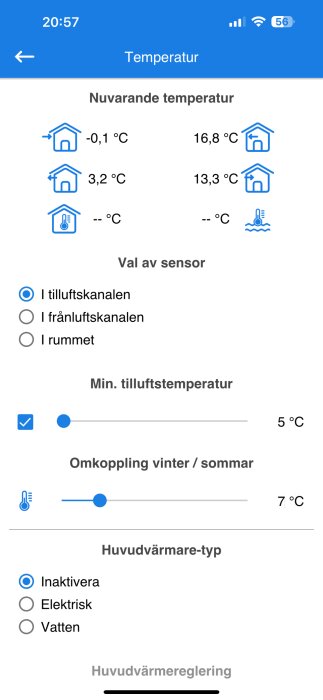 En skärmdump på en mobilapp för temperaturkontroll visar nuvarande temperaturer och inställningar för ett värmesystem.
