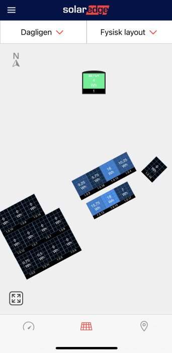 Skärmklipp av SolarEdge applikation med fysisk layout av solpaneler och energiproduktionsdata.