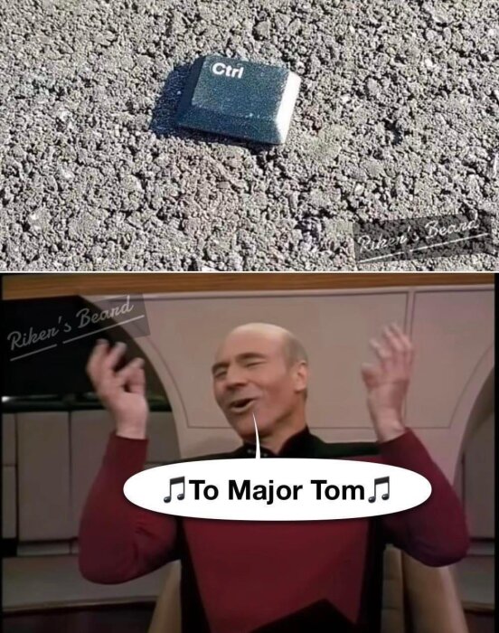 En "Ctrl"-tangent på marken; karaktär från Star Trek sjunger "To Major Tom" med musiknoter. (Humorbild/meme).