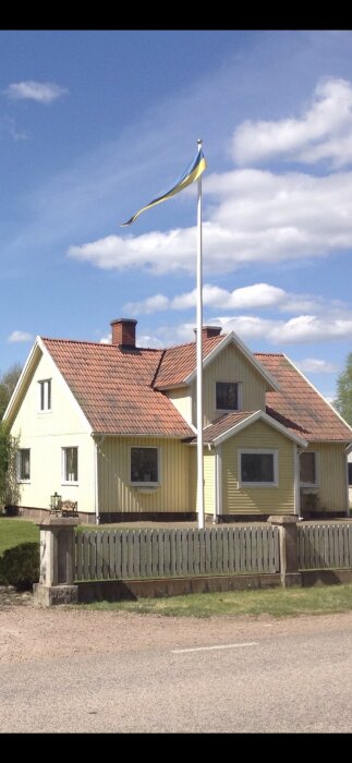 Gult hus med tegeltak, flaggstång med svensk flagga, blå himmel, trädgård och staket.