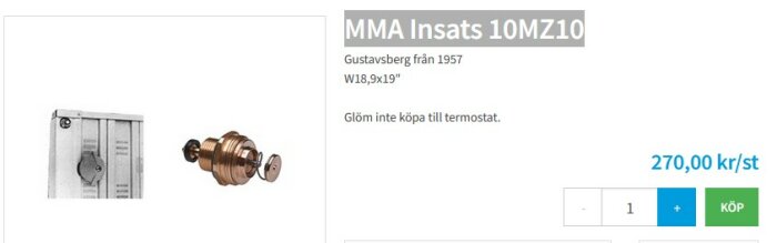 Produktbild på en MMA-termostatinsats, prisinformation, och knapp för att köpa. Användbar för Gustavsberg från 1957.