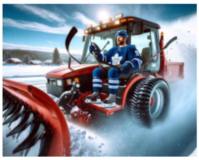 Person i hockeytröja kör snöplog på traktor i snöigt landskap.