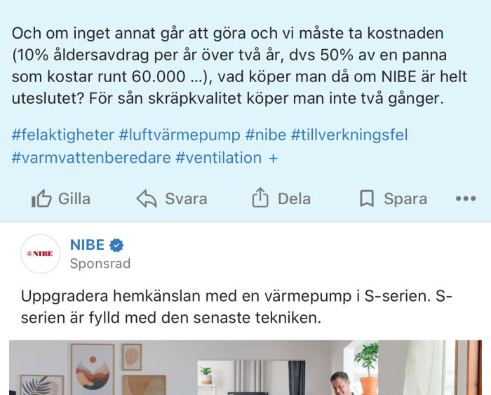 Sociala medier-inlägg om värmepumpskostnad ovanför sponsrad annons för en NIBE värmepump.