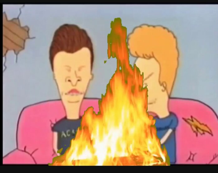 Två animerade karaktärer sitter med en brinnande eld emellan dem. Skärmdump från en tecknad serie.