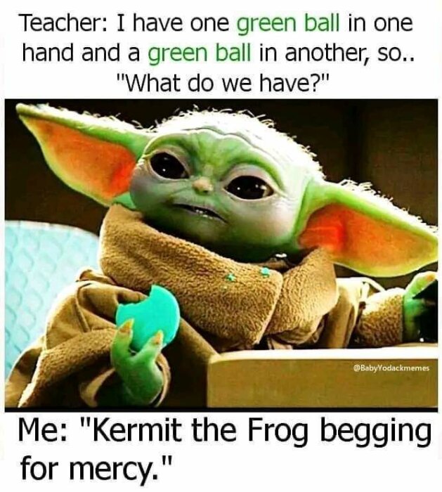 En bildmeme med en karaktär som håller en boll, med en rolig text konversation.