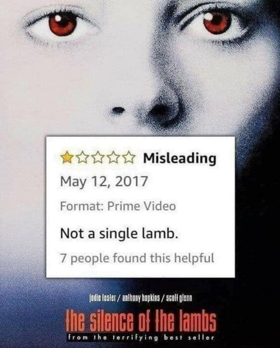 Del av filmaffisch, skämtsamt recensionsutdrag, inga lamm, några ansåg hjälpsamt.