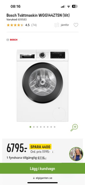 Vit Bosch tvättmaskin på rea, 4.5-stjärnigt betyg, skärm med tid och ikoner, onlinebutikssida.
