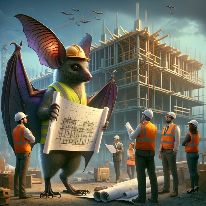 Fantasifigur liknande en stor fladdermus som byggledare bland människor på byggarbetsplats. Surrealistisk och konstnärlig.