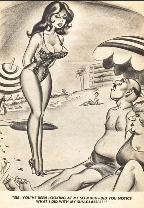 Tecknad kvinna i baddräkt pratar med man på stranden, humoristisk dialog, vintage-stil.
