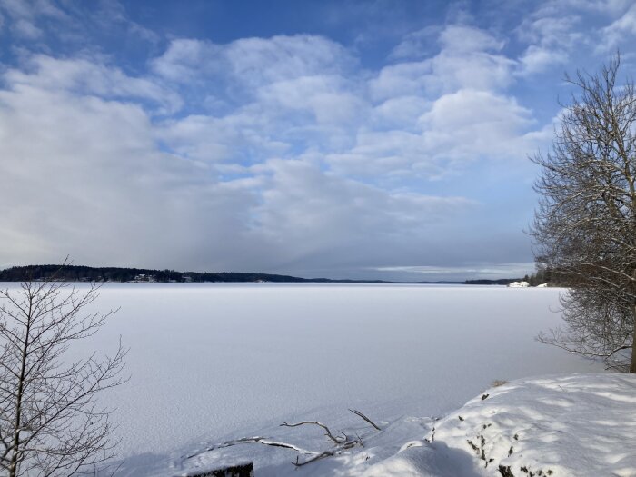 Vinterlandskap, snötäckt sjö, blå himmel med moln, träd utan löv, lugnt och kallt.