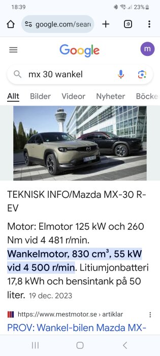 Skärmdump av Google-sökning på "mx 30 wankel" visar Mazda MX-30 R-EV specifikationer och bilens bild.