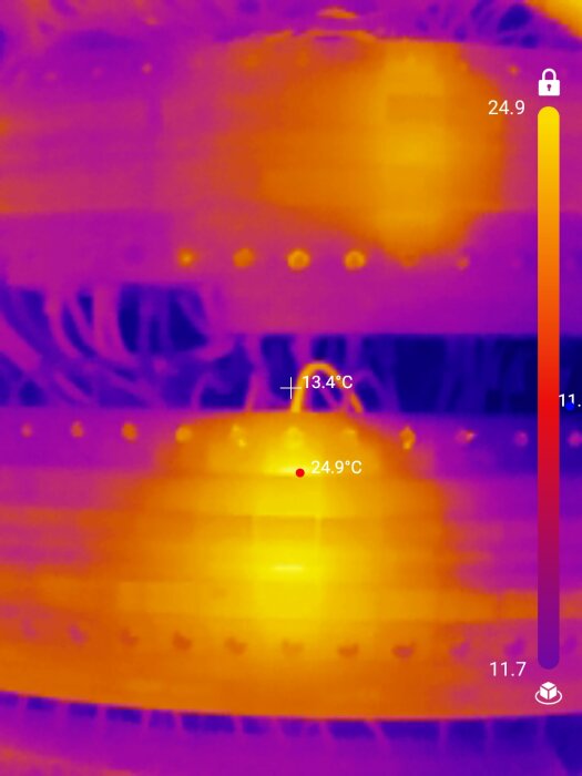 Värmebild som visar temperaturvariabler, mestadels lila och gult, med två temperaturindikatorer: 13.4°C och 24.9°C.