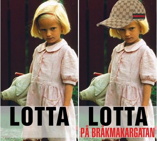 Två bilder av en flicka i klänning, redigerade med olika hattar och texten "Lotta på Bråkmakargatan".