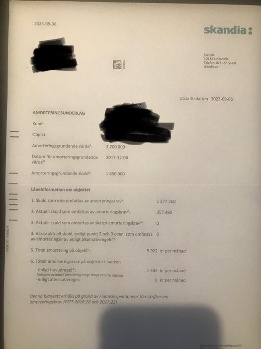 Dokument från Skandia med redigerade personuppgifter, information om lån och amortering, utskriftsdatum 2023-09-06.