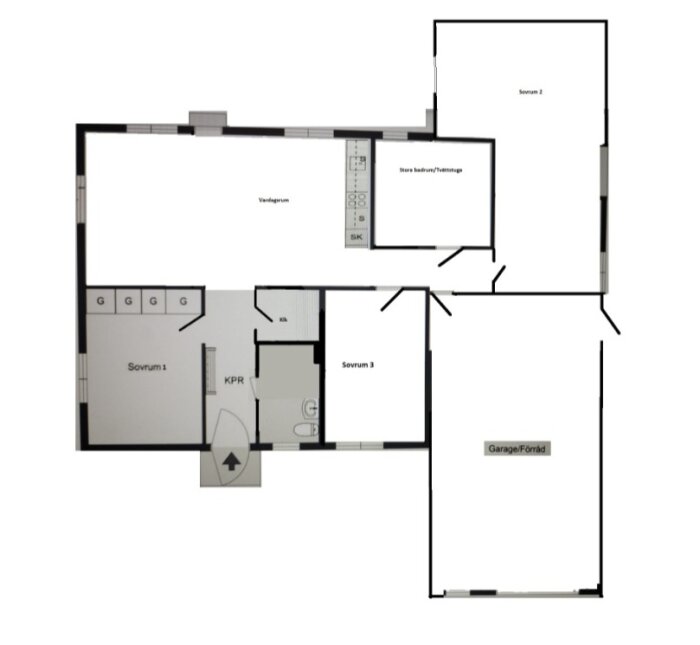Ritning av husplan: vardagsrum, kök, sovrum, badrum, garage och möbleringssymboler.